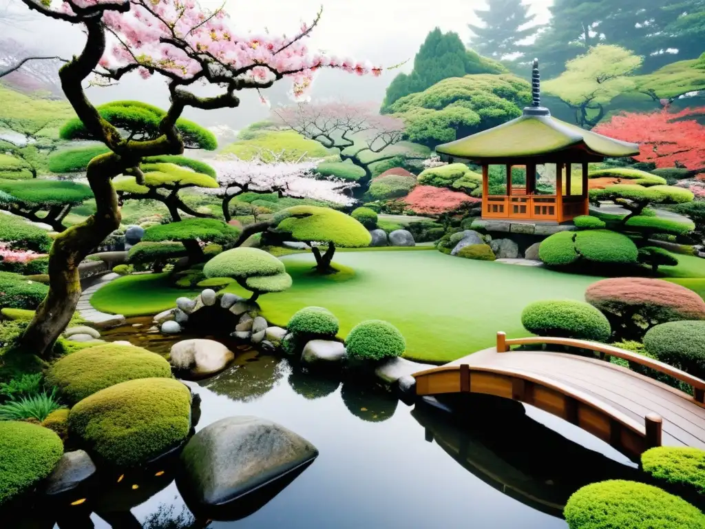 Jardín japonés sereno con paisaje de caligrafía japonesa, meditación y naturaleza exuberante