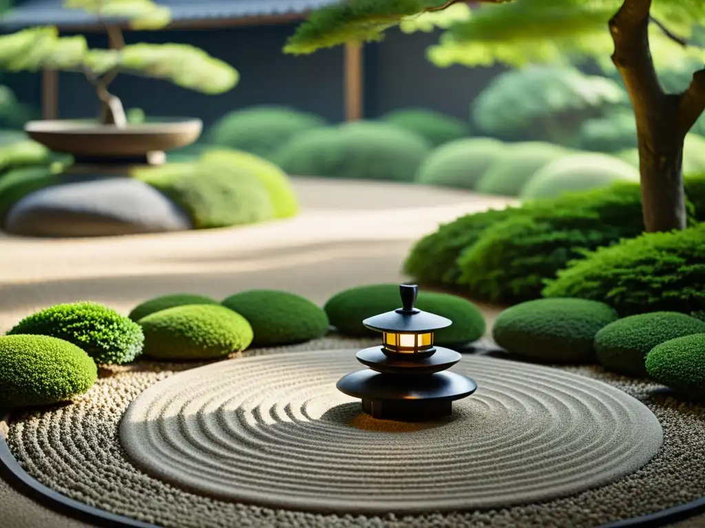 Un jardín Zen sereno con patrones de arena cuidadosamente rastrillados, vegetación exuberante y una linterna japonesa