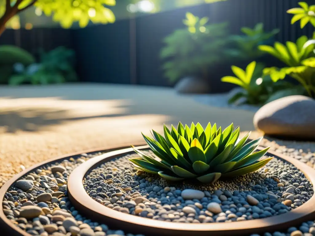 Un jardín Zen sereno con patrones intrincados en la grava, rocas cuidadosamente colocadas y vegetación exuberante