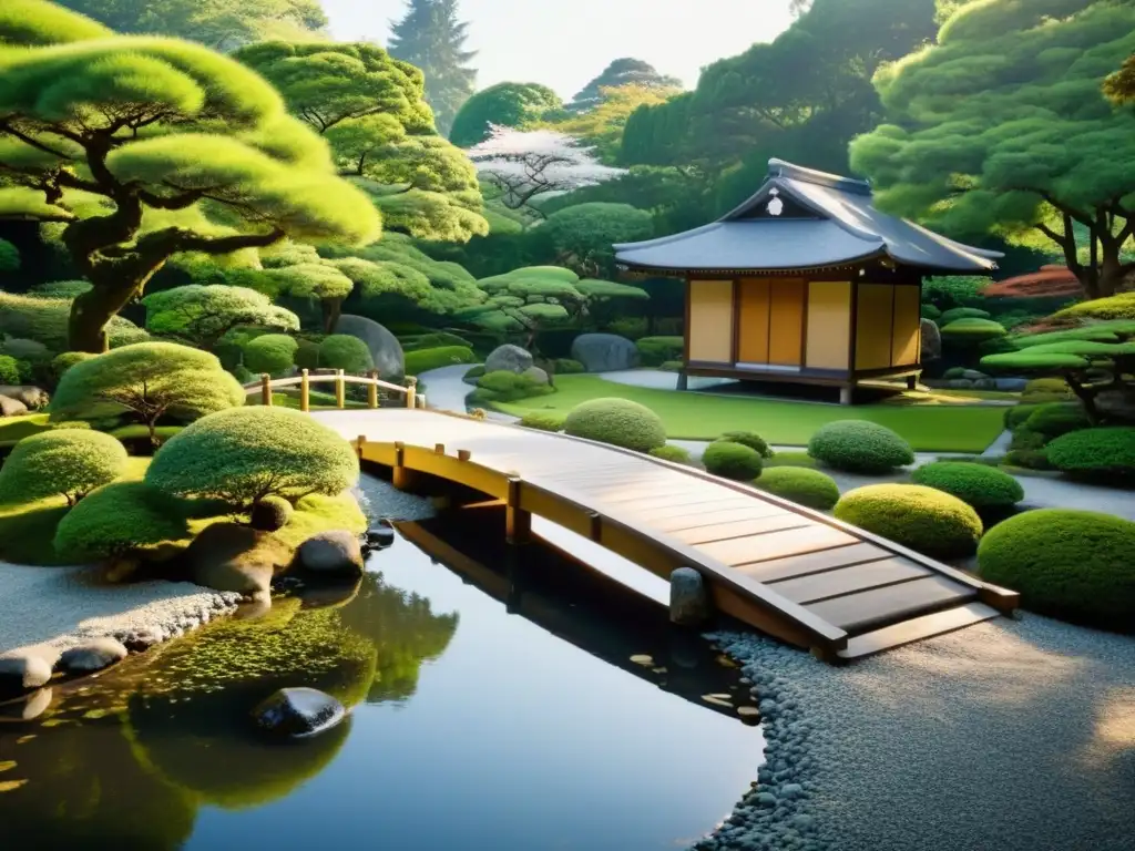 Jardín japonés sereno con puente de madera y casa de té, reflejando técnicas de negociación inspiradas en Asia