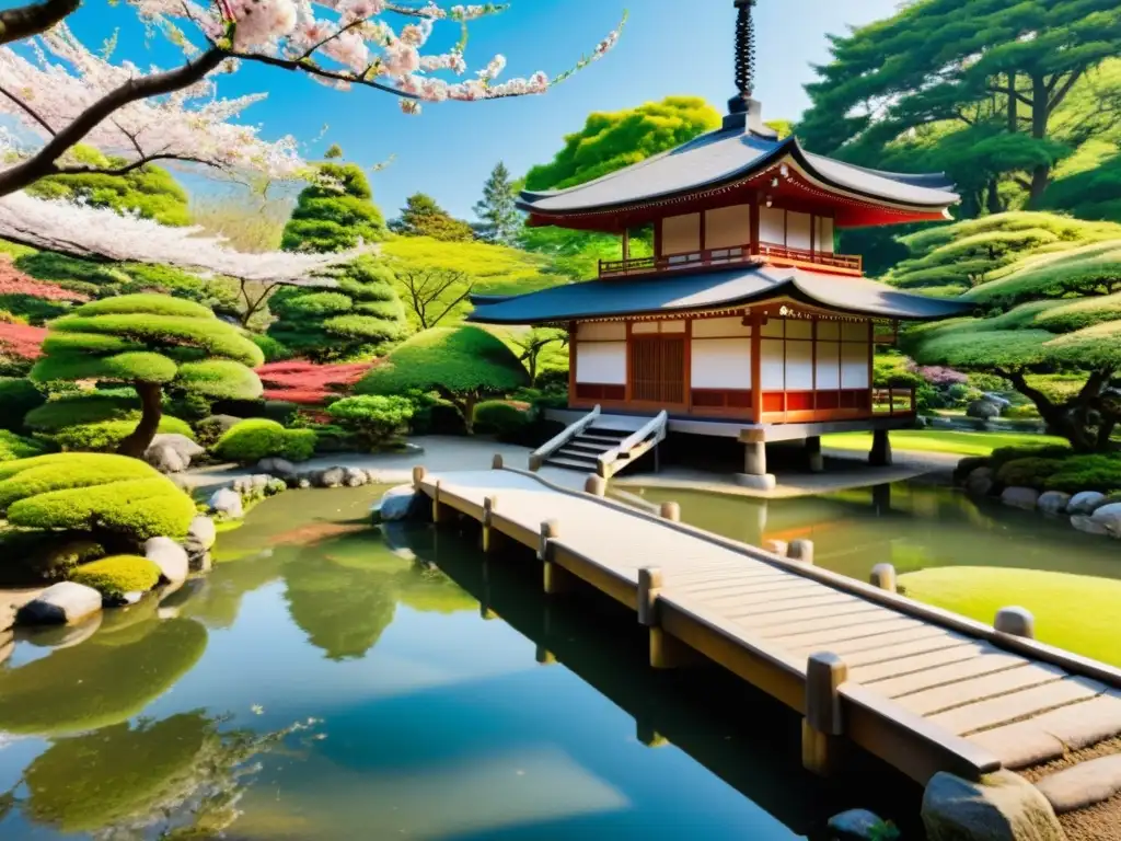 Jardín japonés sereno con puente de madera sobre estanque, pagoda de piedra y cerezos en flor