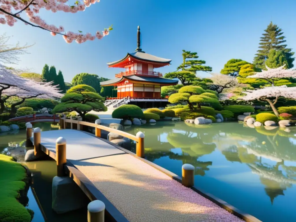 Jardín japonés sereno con puente de madera, pagoda, estanque y árboles de cerezo en flor, evocando la filosofía oriental de contemplación y armonía