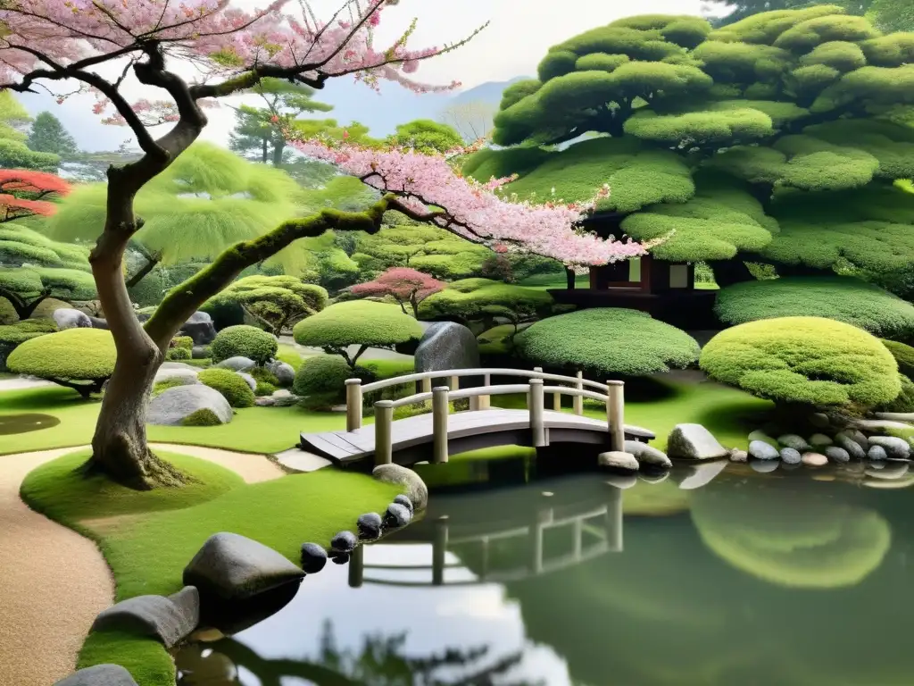 Jardín japonés sereno con puente de madera, farol de piedra y flores de cerezo, reflejando la filosofía asiática en estrategias de inversión