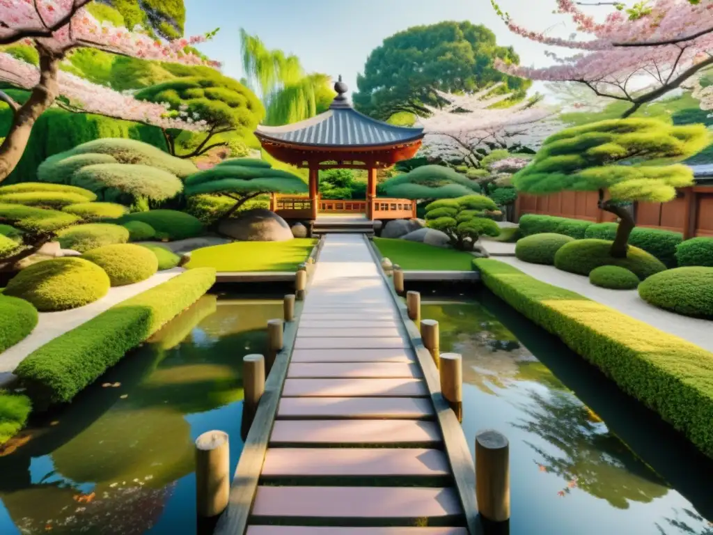 Jardín japonés sereno con puente de madera, pagoda, verde exuberante y equilibrio de la belleza y la sabiduría oriental