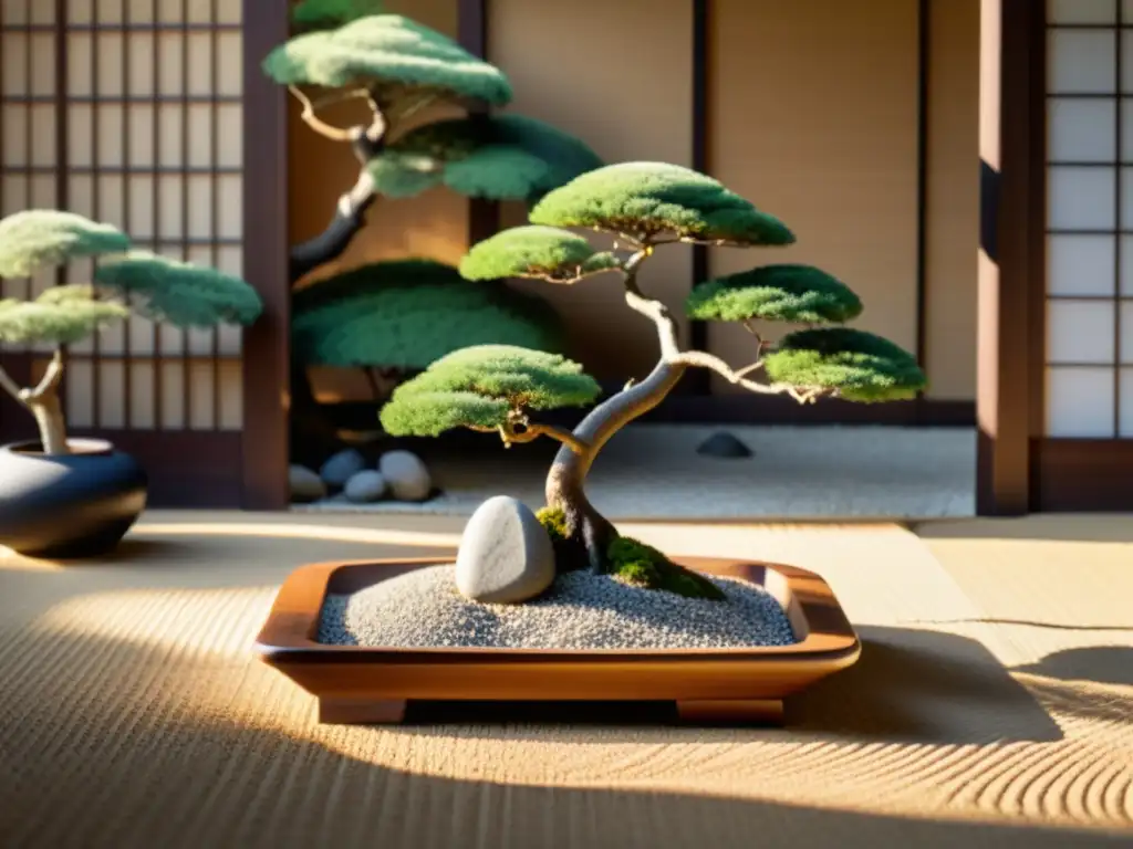 Aplicación práctica de enseñanzas zen en un jardín sereno con rocas y árbol bonsái