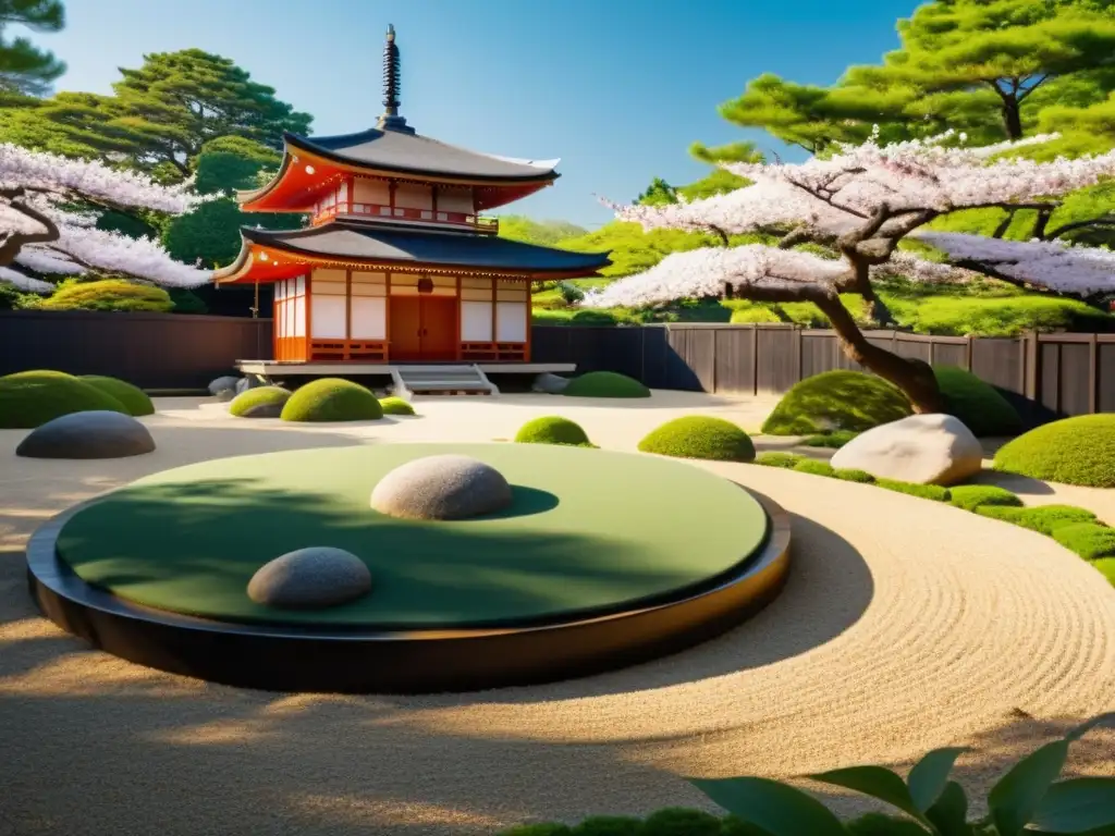 Un jardín zen sereno con rocas, grava y cerezos en flor