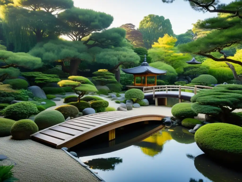 Un jardín Zen sereno y soleado con un estanque tranquilo, reflejando la naturaleza circundante