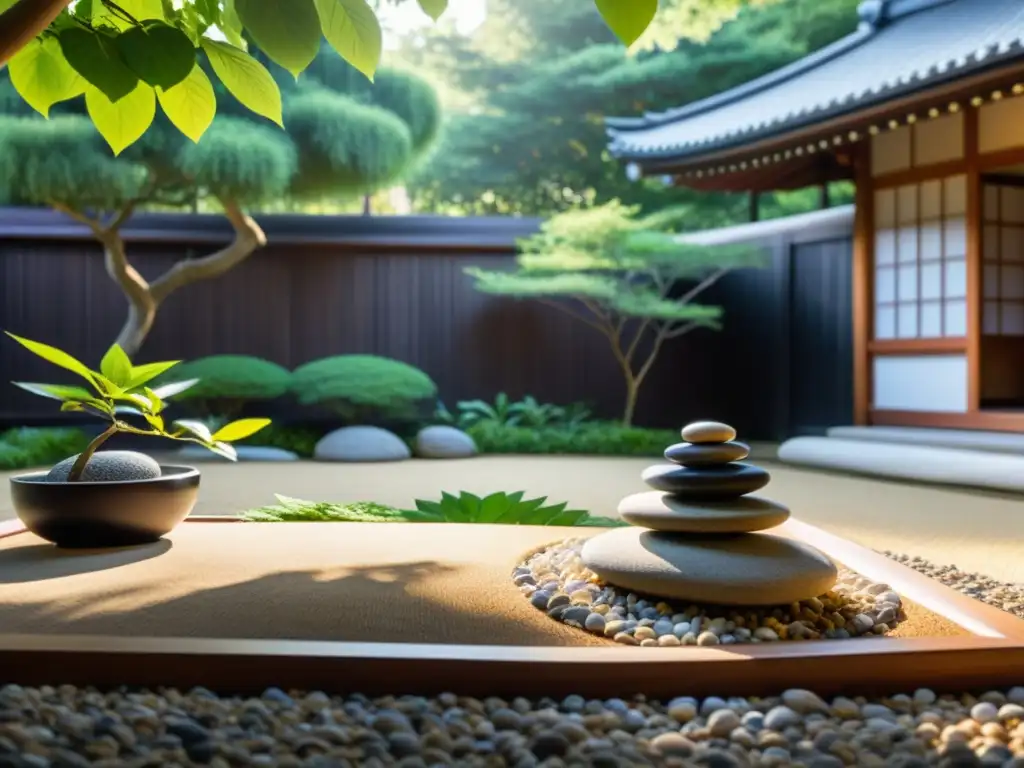 Un jardín Zen sereno con técnicas de meditación zen moderna, rocas, vegetación exuberante y una atmósfera tranquila y meditativa