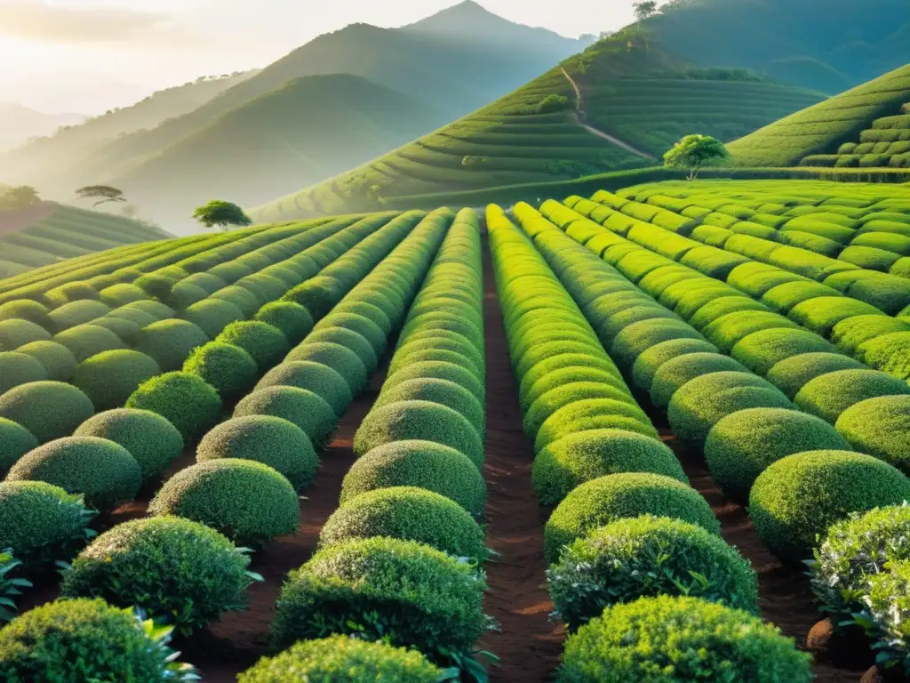 Un sereno jardín de té verde, con hileras de arbustos vibrantes bajo el cálido sol