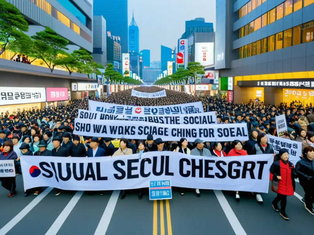 Serie asiática movimientos sociales: Manifestantes en una bulliciosa calle de Seúl, con pancartas y consignas, unidos en pasión por el cambio social