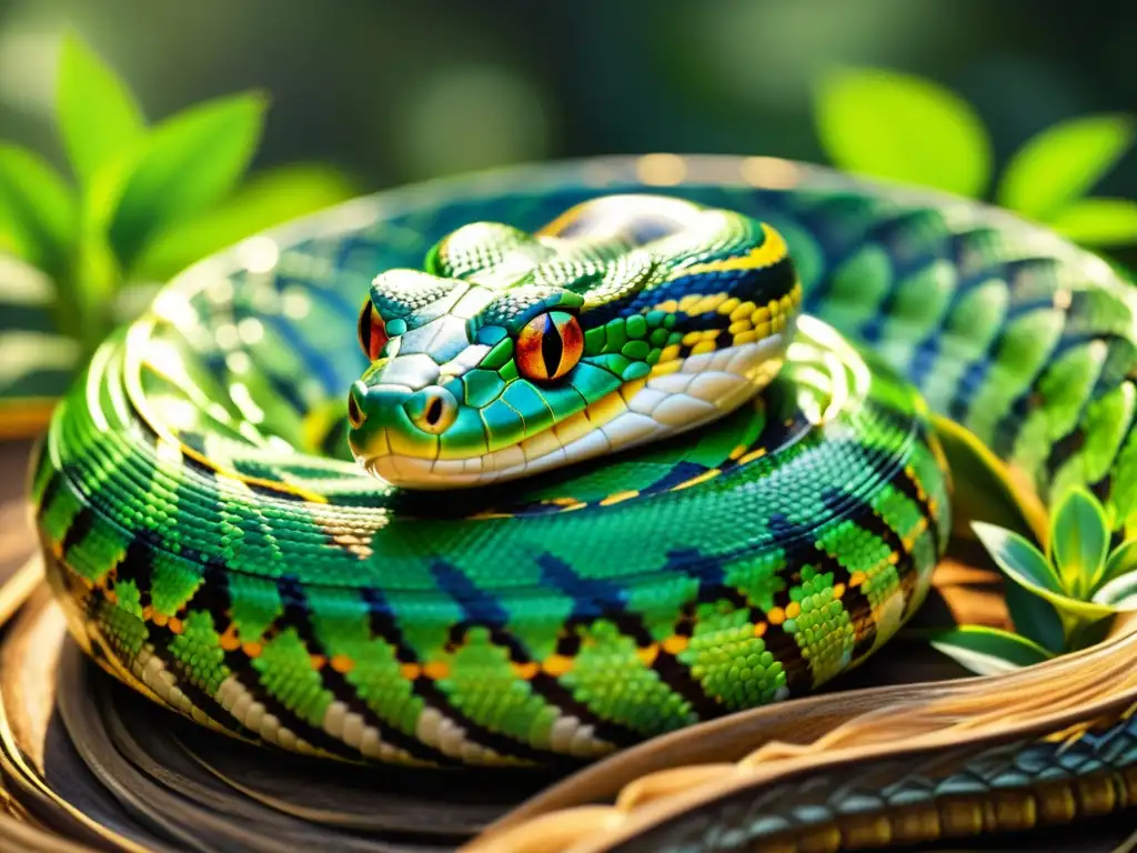 Una serpiente enroscada, sus escamas brillan al sol, exuda poder y sabiduría ancestral