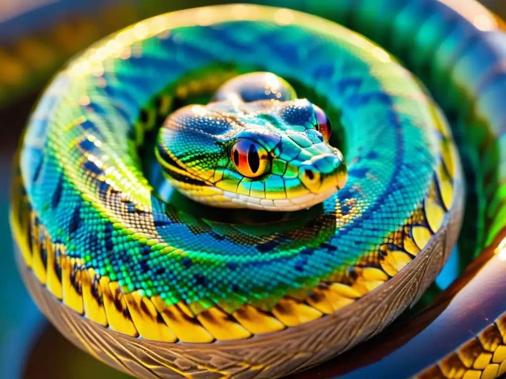 Una serpiente enroscada con escamas vibrantes y brillantes bajo la luz del sol, capturando la esencia del poder serpentino de la Kundalini despierta