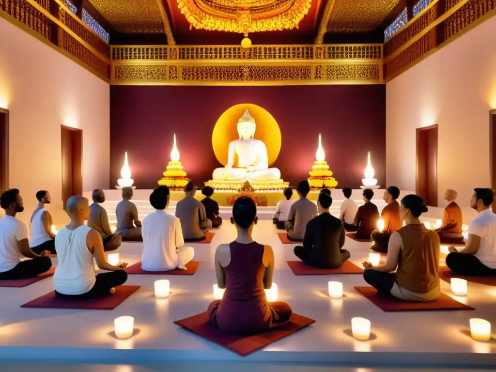 Una sesión de meditación budista virtual en un hermoso templo digital con participantes de todo el mundo