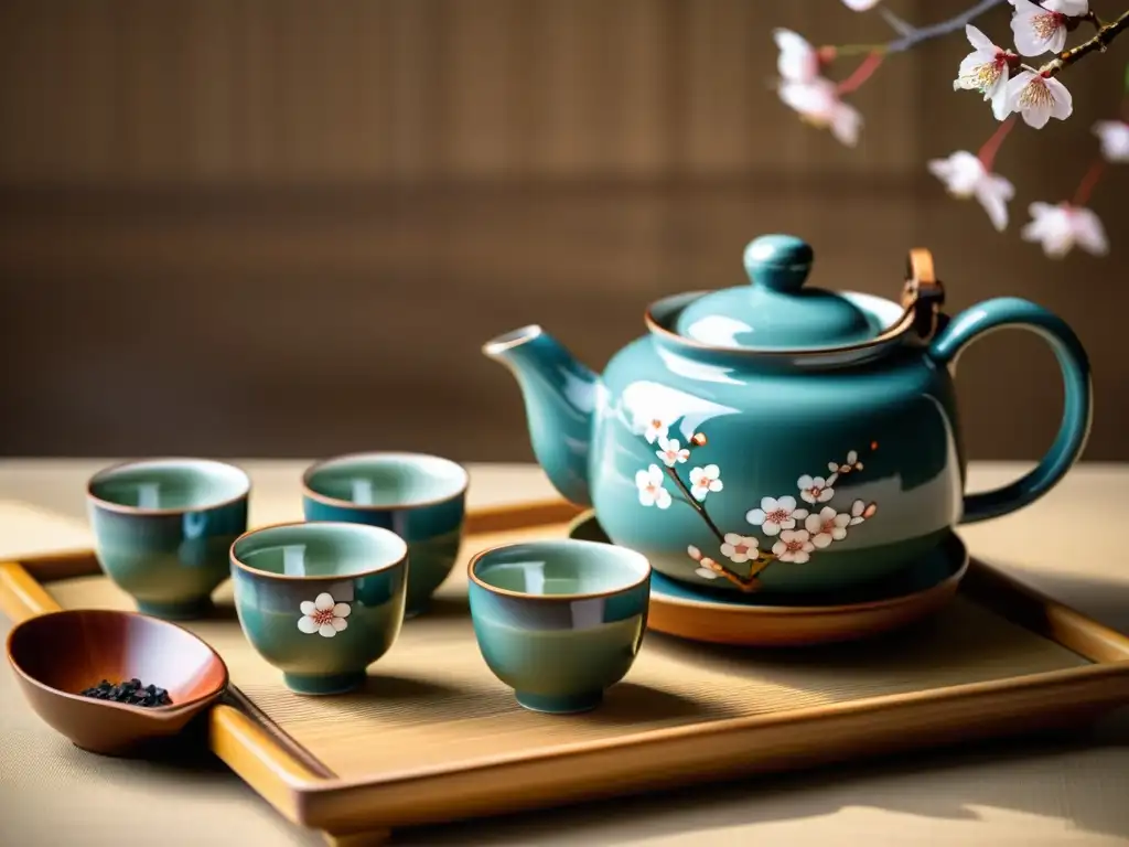 Un set de té japonés de cerámica con diseño de flores de cerezo, exquisitamente pintado a mano