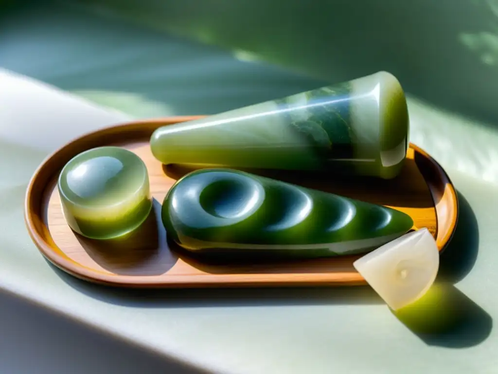 Un set de rodillo de jade y gua sha en una bandeja de terciopelo, iluminados por luz natural, destacando la elegancia y tradición del jade