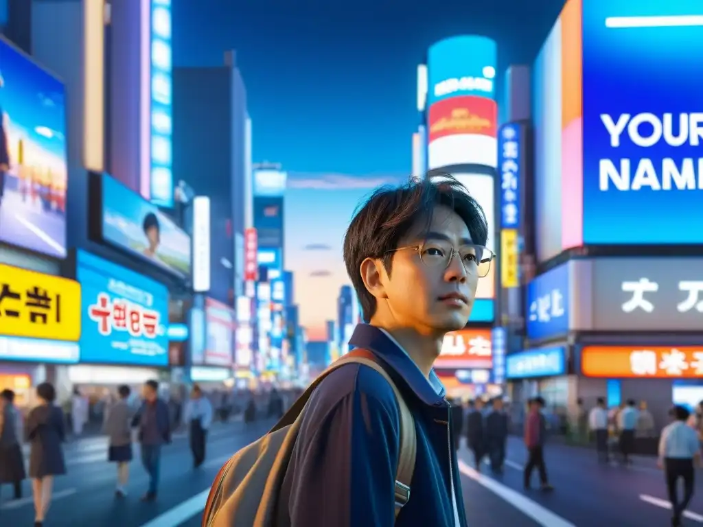 Makoto Shinkai reflexiona frente a brillantes carteles y luces de neón en una concurrida calle de Tokio, capturando la esencia de su visión creativa