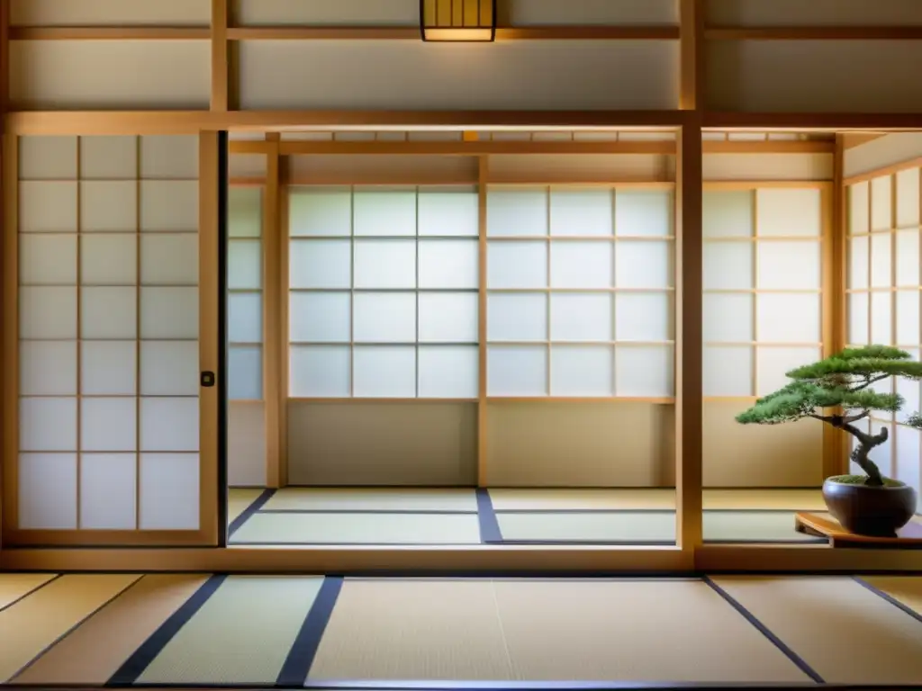 Un shoji japonés tradicional en una serena habitación tatami, con bonsáis y jardín de rocas