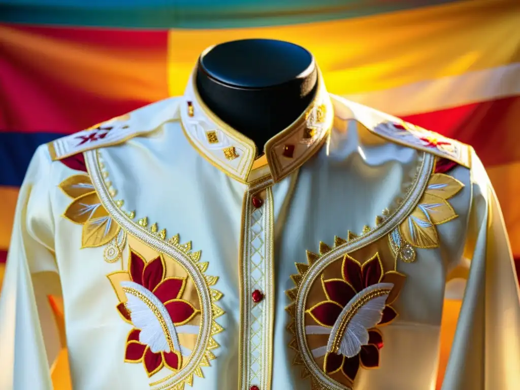 Un Barong Tagalog Filipinas significado cultural, exhibe intrincados detalles y bordados artesanales en un entorno vibrante y cálido