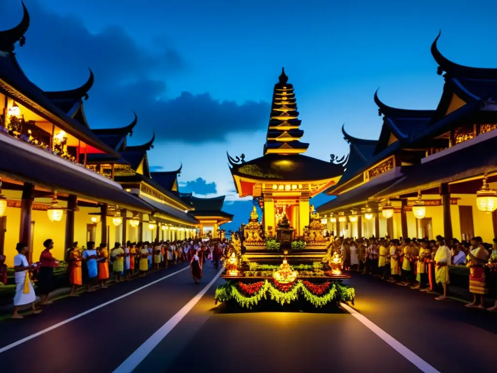 Procesión del Día del Silencio en Bali: Locales llevan estatuas Ogoh-Ogoh al atardecer, creando una atmósfera cultural y espiritual única