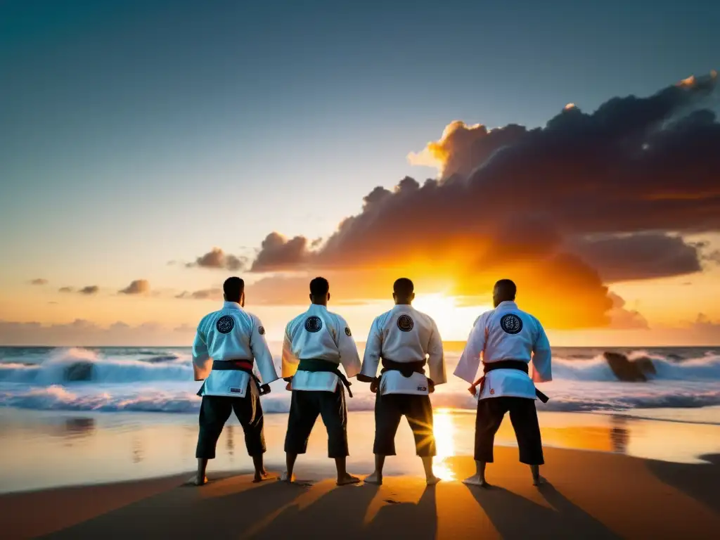 Siluetas de practicantes de Jiu Jitsu entrenando en la playa al amanecer, destacadas contra el cielo colorido mientras las olas rompen