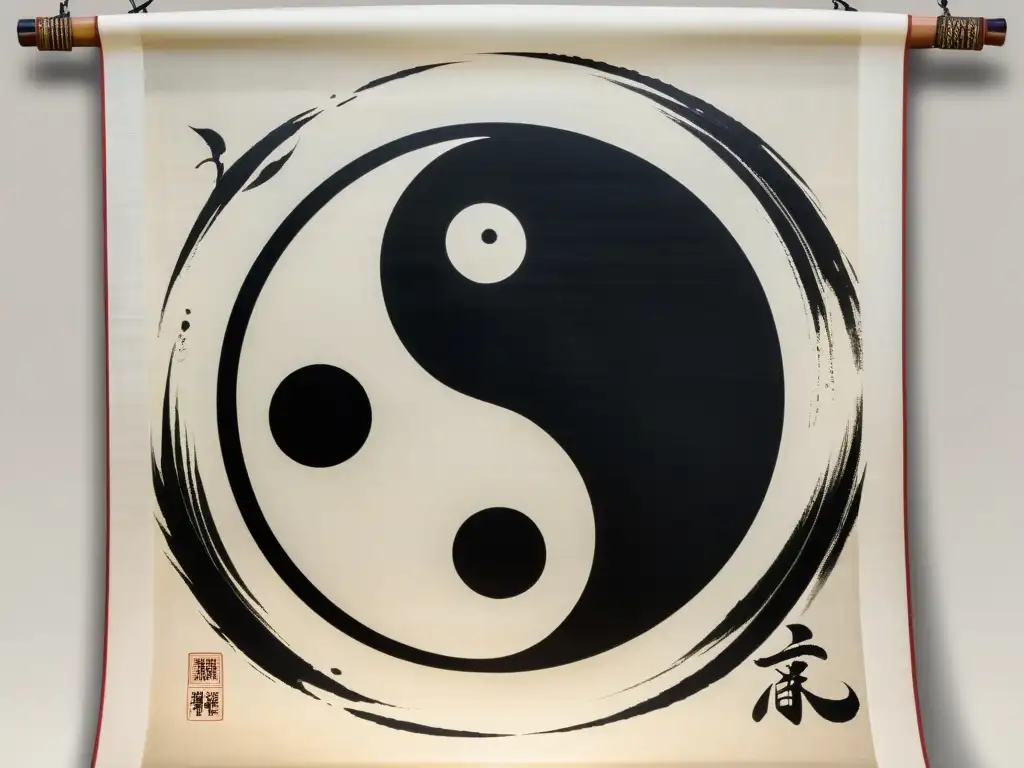 Un símbolo yin yang en un pergamino chino con caligrafía y estudiantes