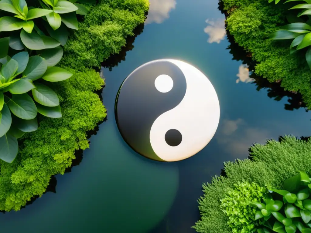 Un símbolo yin yang en un jardín tranquilo con rocas, vegetación exuberante y un estanque sereno reflejando equilibrio