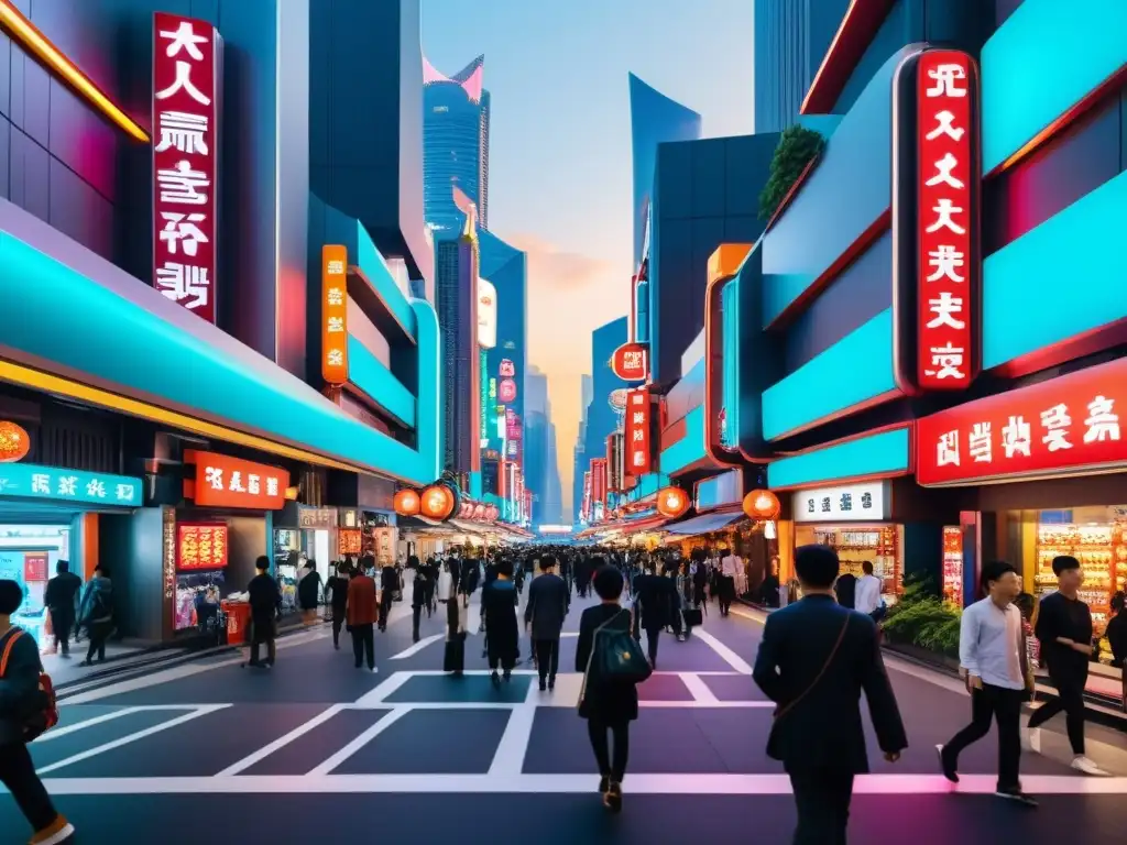 Singularidad tecnológica en Asia: Calle bulliciosa de una ciudad futurista asiática con tecnología avanzada y elementos culturales antiguos