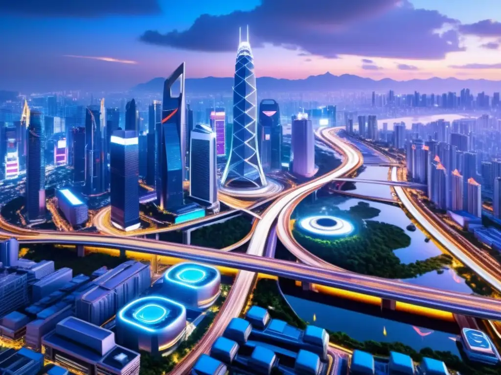 Singularidad tecnológica en Asia: paisaje urbano futurista con rascacielos, luces de neón y autos autónomos