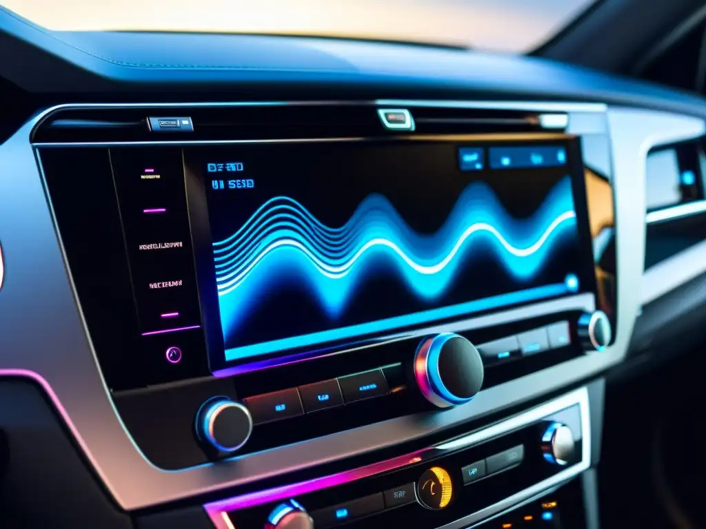 Sistema de audio para coche asiático de alta tecnología con ecualizador digital vibrante y ambiente futurista en el panel de control iluminado