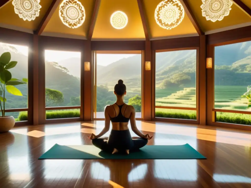 Sistema filosófico del Yoga Clásico: Estudio de yoga sereno con vista panorámica a un valle verde