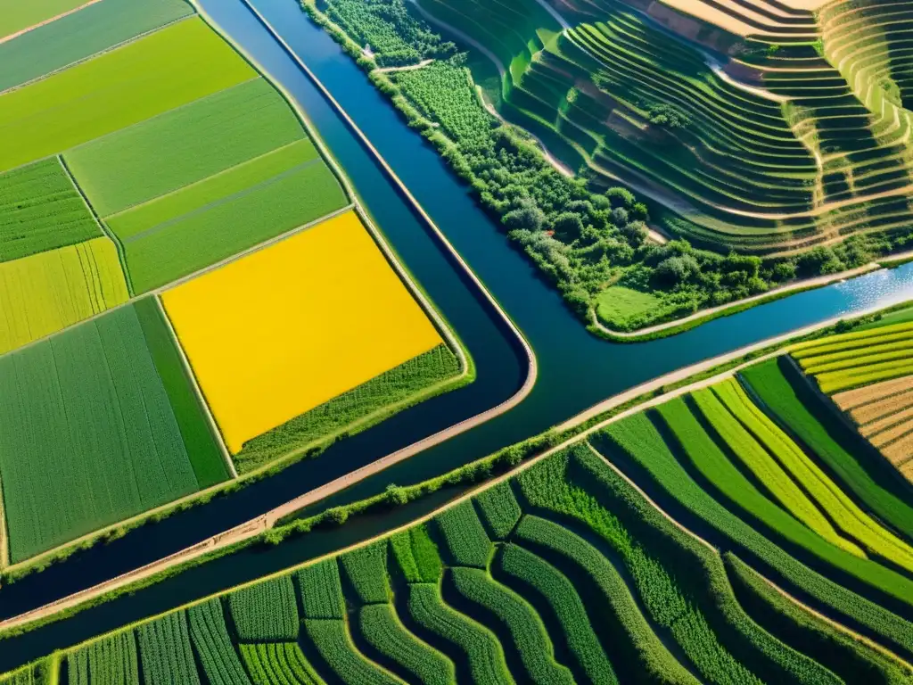 Sistemas de irrigación ancestrales en Asia: red de canales antiguos entre campos verdes y terrazas, bañados por la luz del atardecer