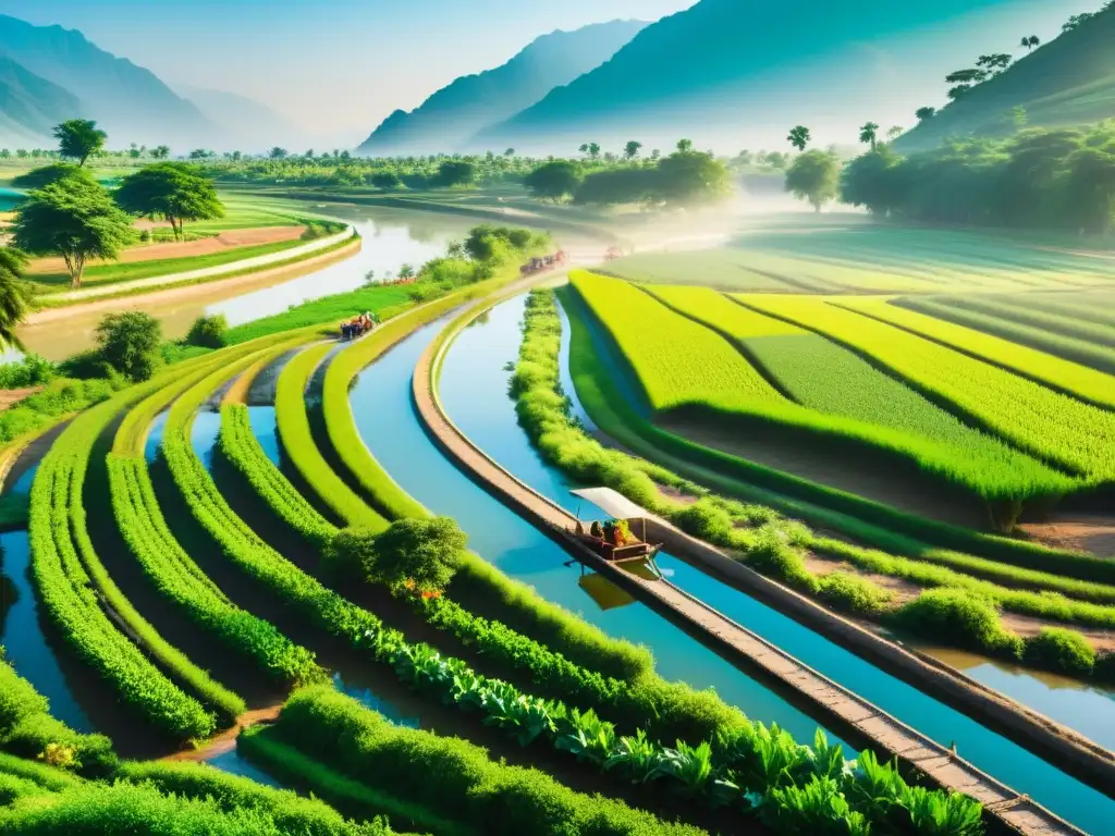 Sistemas de irrigación ancestrales Asia: Imagen documental de canales y agricultores en paisaje verde, evocando armonía y sostenibilidad