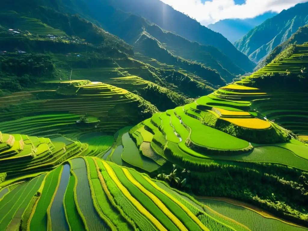 Sistemas de irrigación ancestrales en Asia: espectacular vista aérea de arrozales en terrazas verdes, con montañas y agricultores en Banaue, Filipinas