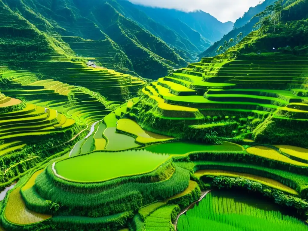 Sistemas de irrigación ancestrales en Asia: Impresionante imagen de arrozales en terrazas verdes en las montañas de Banaue, Filipinas