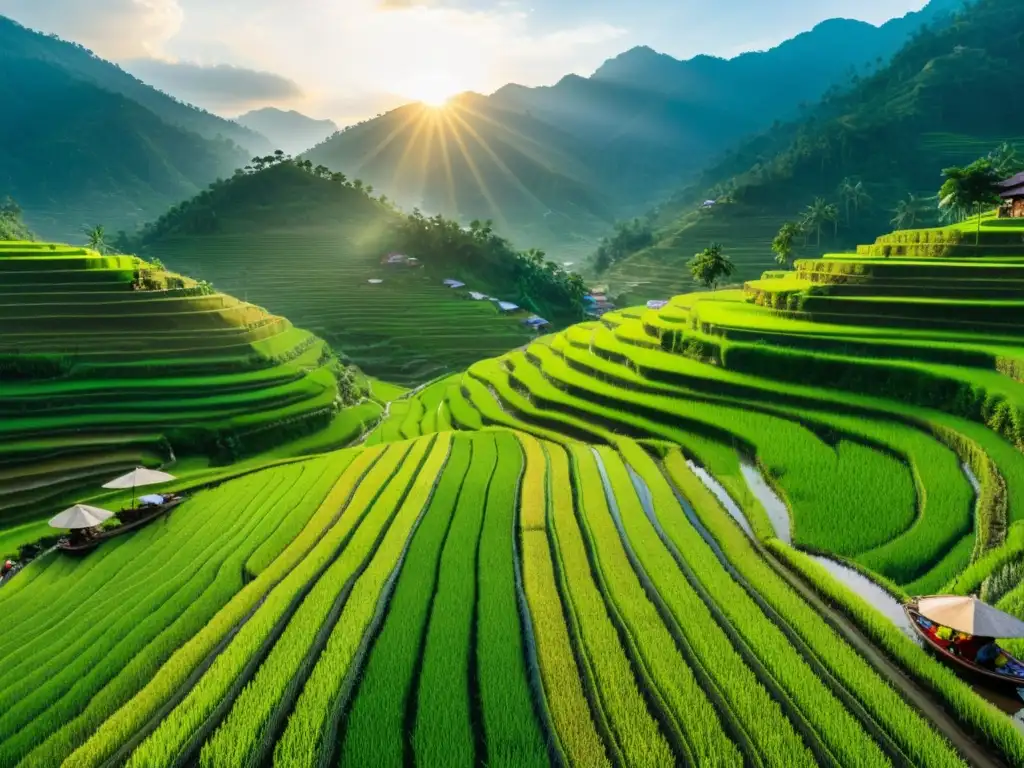 Sistemas comunitarios agricultura Asia: Atardecer dorado sobre arrozales, agricultores en terrazas montañosas, unión con la tierra