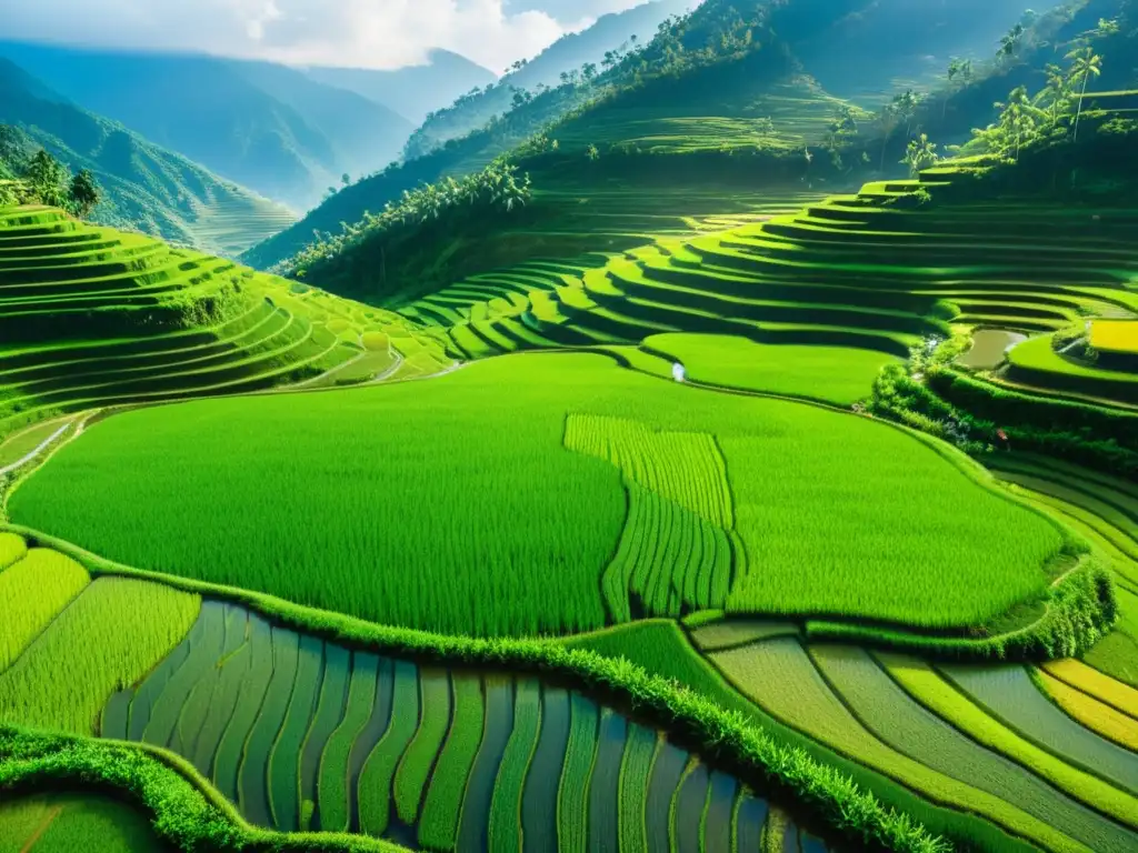 Sistemas comunitarios agricultura Asia: Imagen vibrante de arrozales en terrazas, reflejos del sol en el agua y labores de agricultores locales