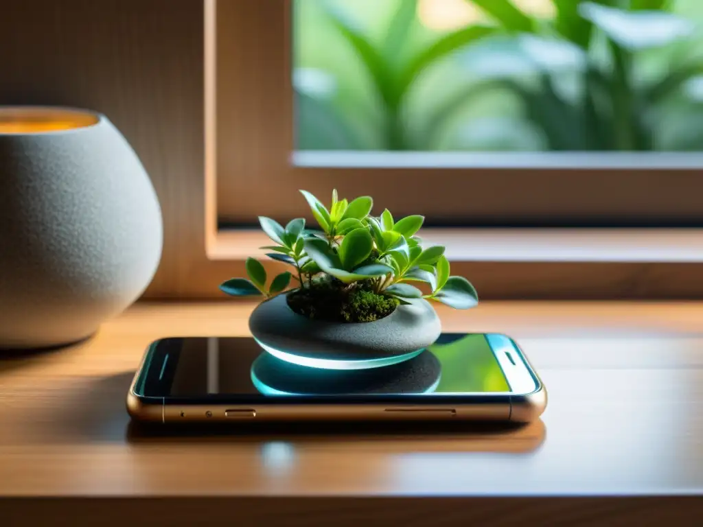 Un smartphone moderno en un entorno armonioso con influencia del Feng Shui en gadgets modernos