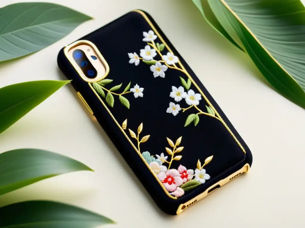 Un smartphone negro con una funda de seda japonesa bordada con cerezos y detalles en hilo de oro, en un jardín japonés