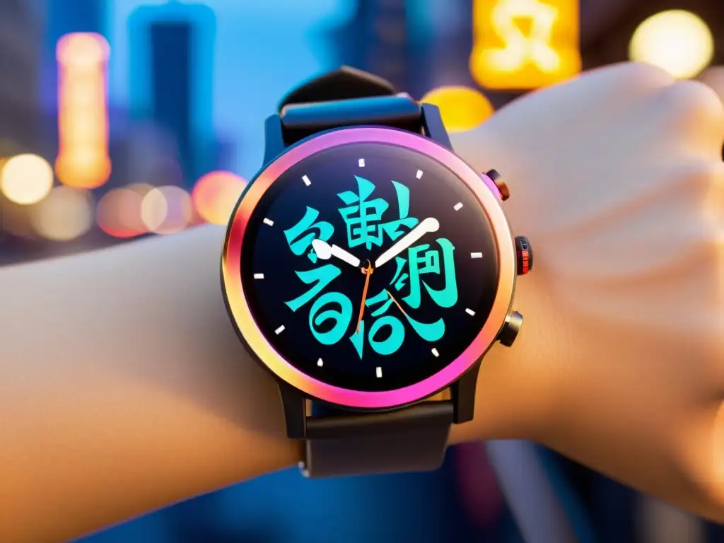 Smartwatch con caligrafía asiática en una ciudad vibrante