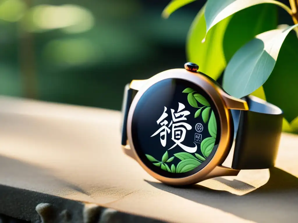 Smartwatch con caligrafía asiática en sereno jardín Zen, con luz suave entre la vegetación