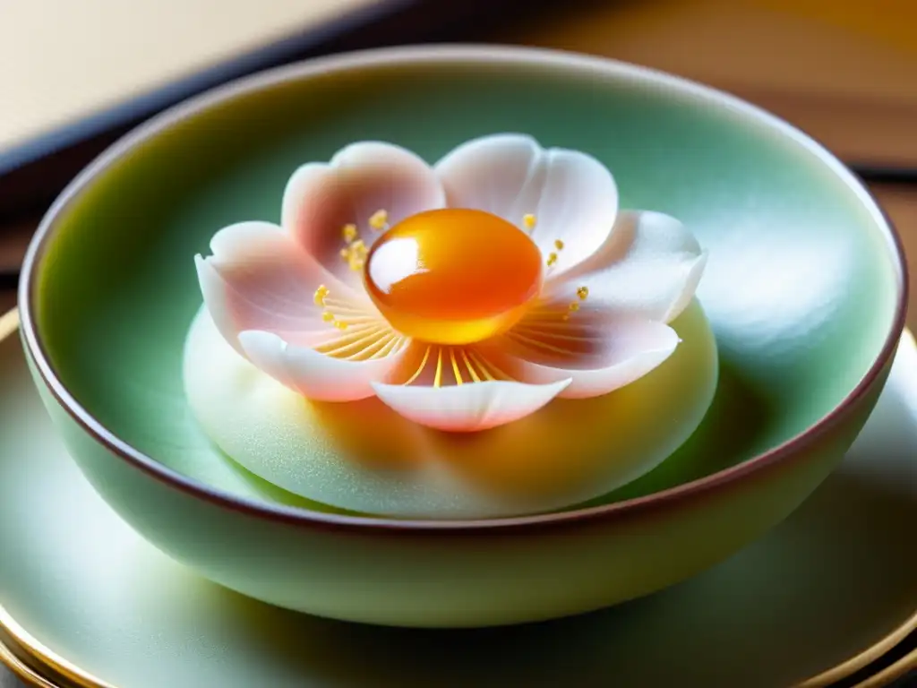 Una sofisticada obra de arte comestible de repostería japonesa, con forma de flor de cerezo, detalle y elegancia