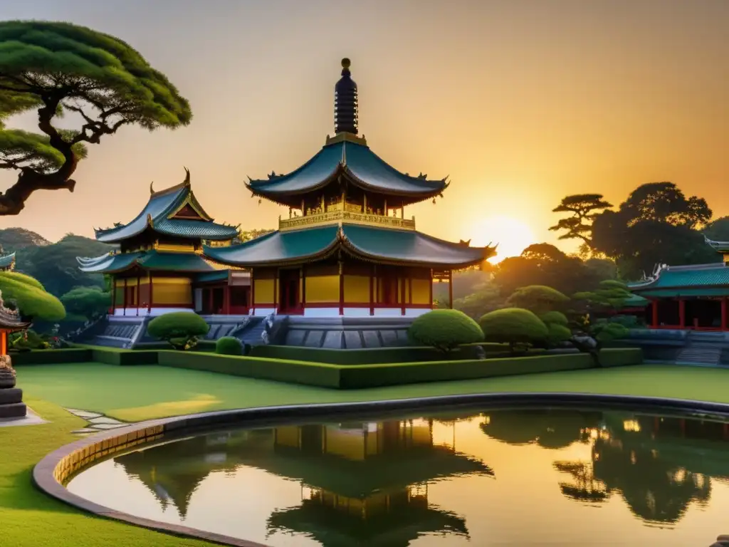 El sol se pone detrás de un templo asiático, evocando la sabiduría estratégica de Sun Tzu en inversiones en Asia