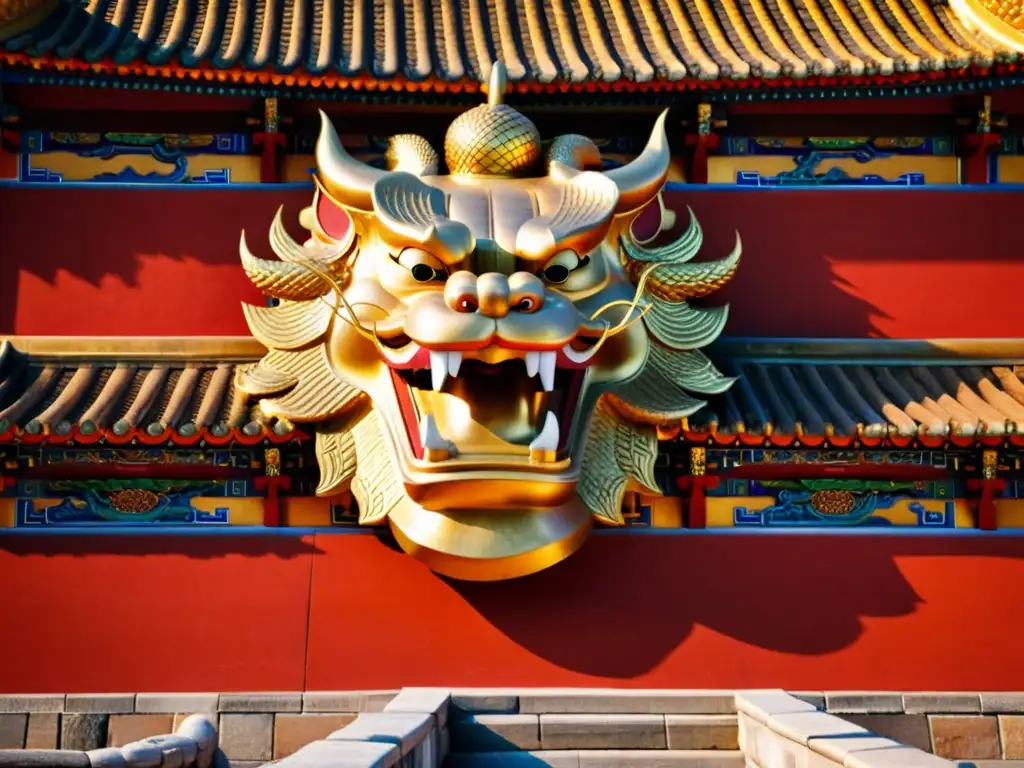 El sol ilumina los intrincados detalles dorados del dragón en la Ciudad Prohibida de Beijing, en contraste con el horizonte moderno