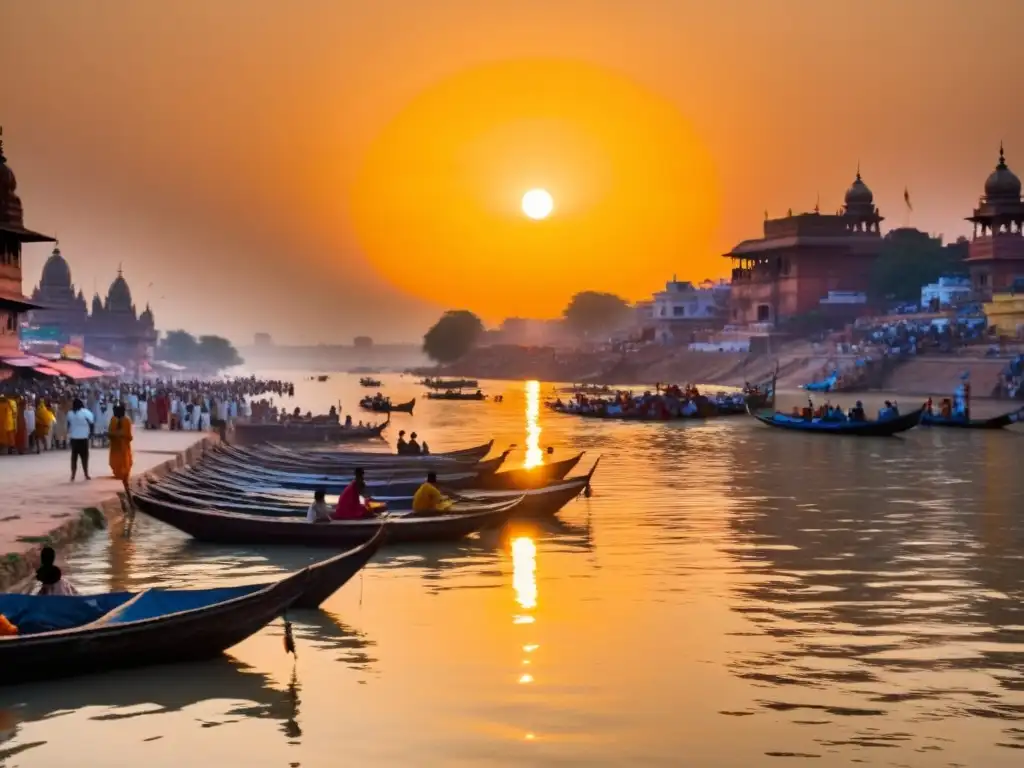 El sol sale sobre el sagrado río Ganges en Varanasi, India, iluminando peregrinaciones hindúes lugares sagrados con un resplandor dorado