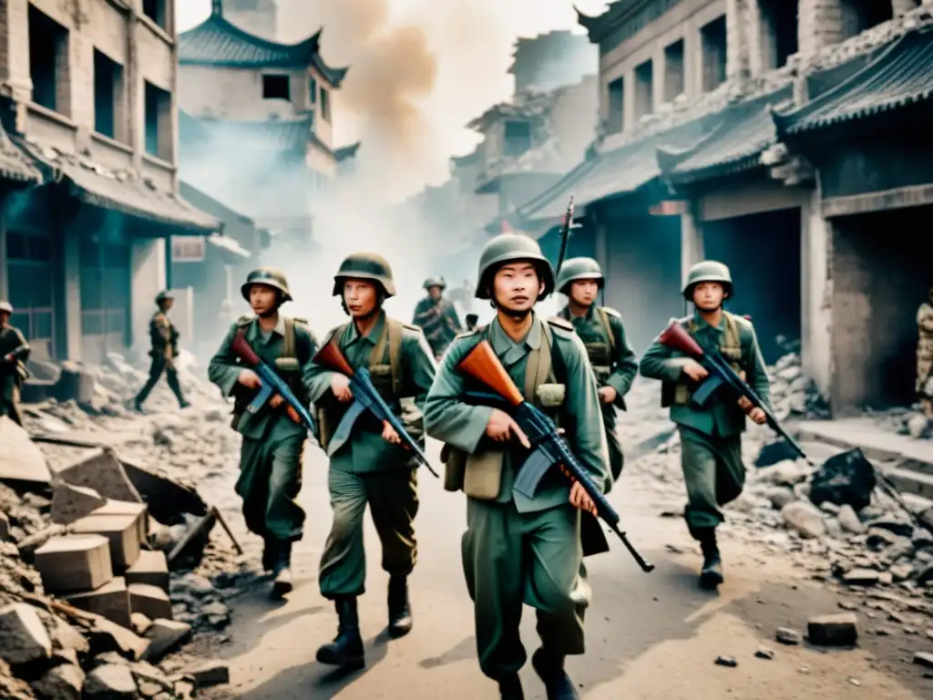 Soldados chinos marchan en ciudad devastada, reflejando la Transición de Dinastías a República China