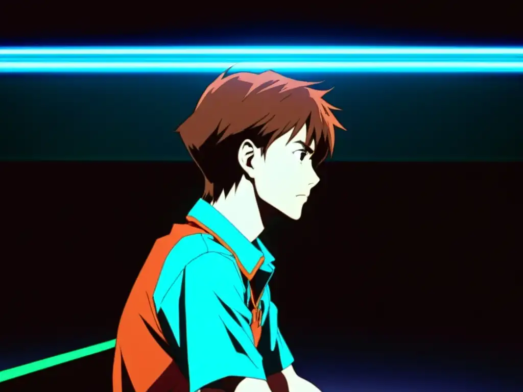 Shinji Ikari reflexiona en soledad en una habitación oscura, capturando la complejidad psicológica en Neon Genesis Evangelion