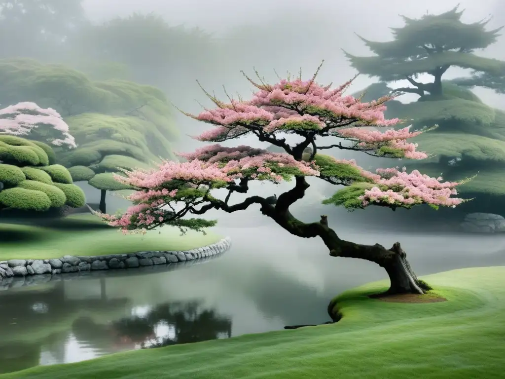 Solitario cerezo en flor en jardín japonés neblinoso, evocando lecciones budistas sobre la transitoriedad