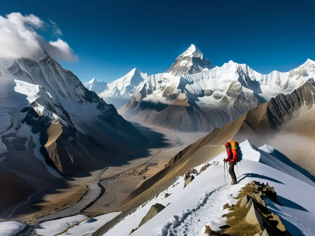 Un solitario escalador desafía las majestuosas cumbres del Himalaya, rodeado de banderas de oración en ascensiones a montañas místicas orientales