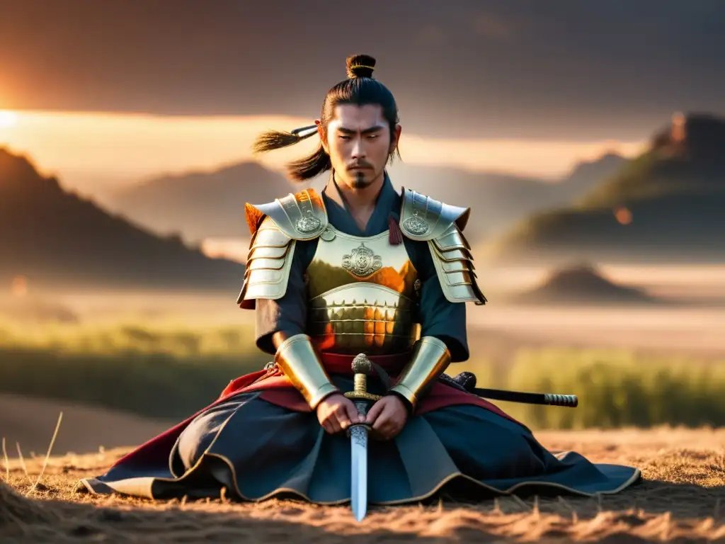 Samurái en meditación: entre la batalla y la paz Un solitario guerrero samurái medita en un campo de batalla al atardecer, mostrando la espiritualidad samurái en campo de batalla