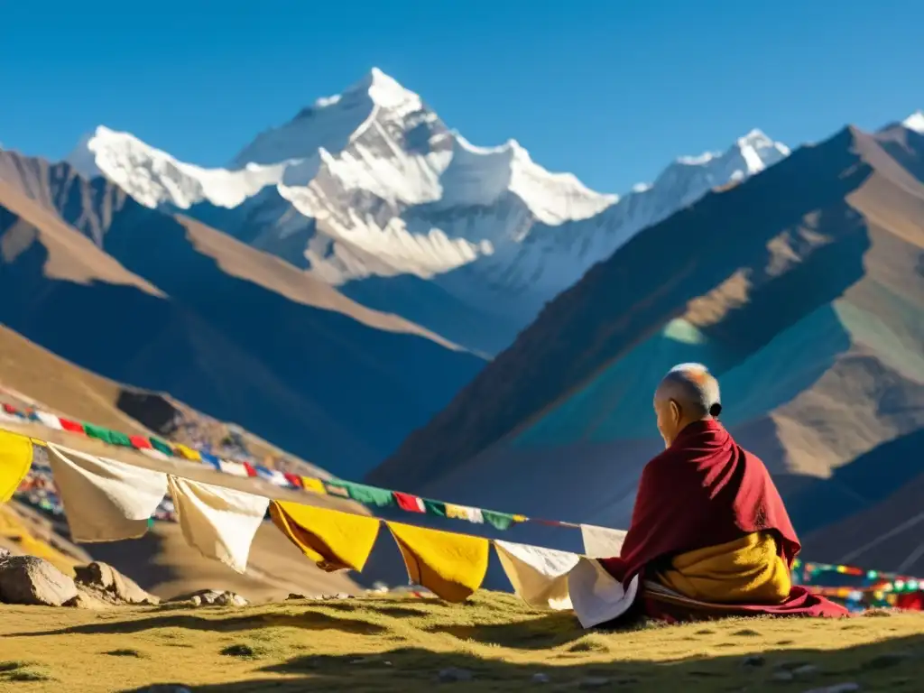 Un solitario meditador en la serena montaña tibetana, rodeado de banderas de oración y ruedas antiguas